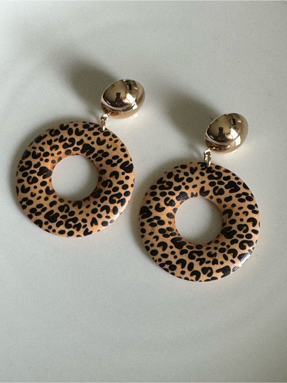 Leopard-Print Donut Drop Earrings with Gold Studs - Tan and Black